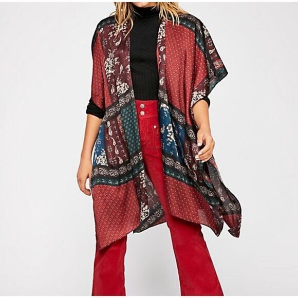 Free People Tops - Free People Kimono Mon Cheri Silky Satin Floral Paisley Patchwork One Size Boho